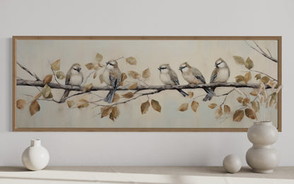 Birds Perched on Branch Painting On Distressed Wood Framed Canvas Wall Art