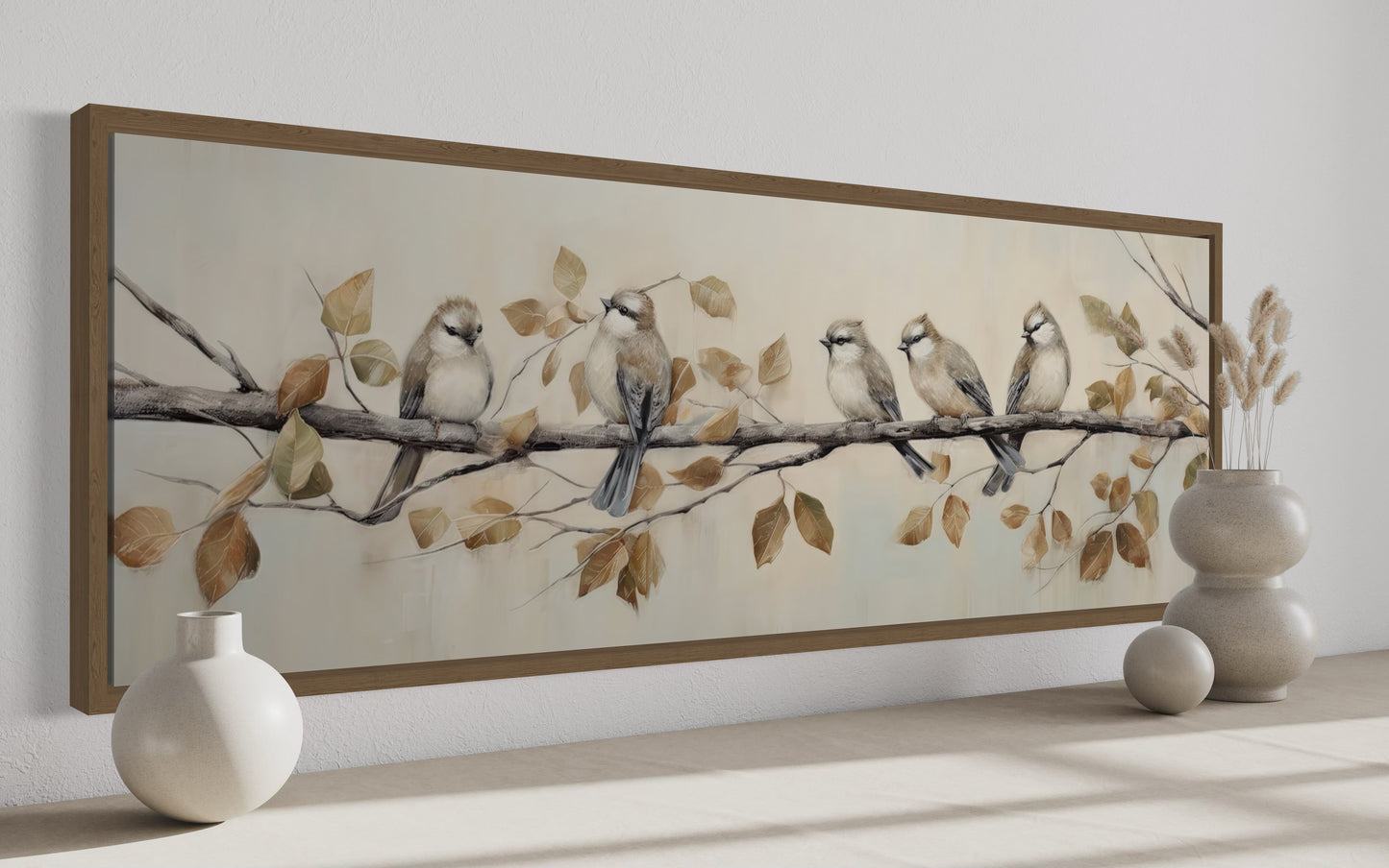 Birds Perched on Branch Painting On Distressed Wood Framed Canvas Wall Art