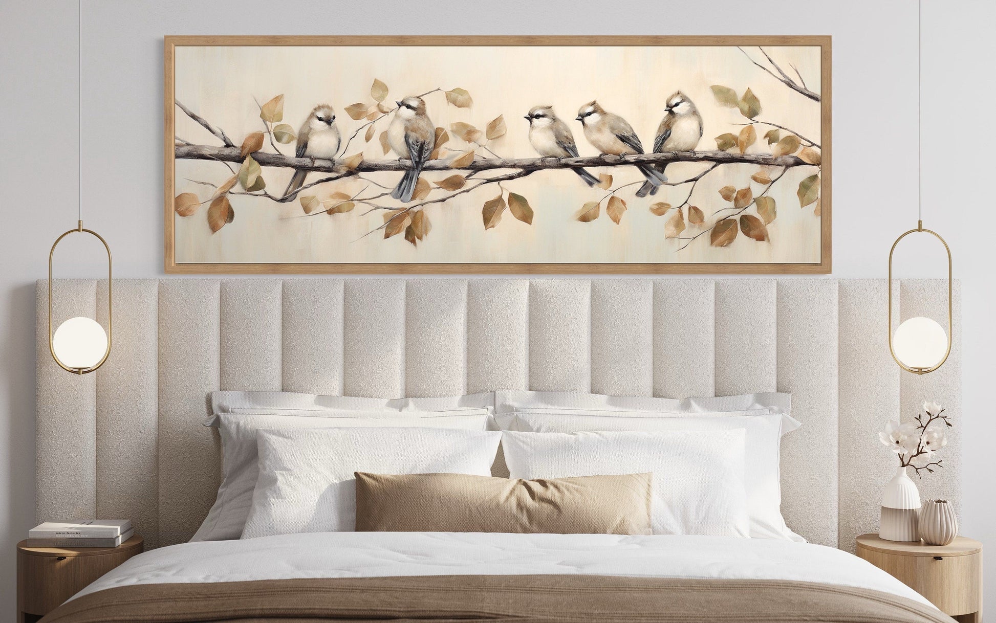 Birds Perched on Branch Painting On Distressed Wood Framed Canvas Wall Art