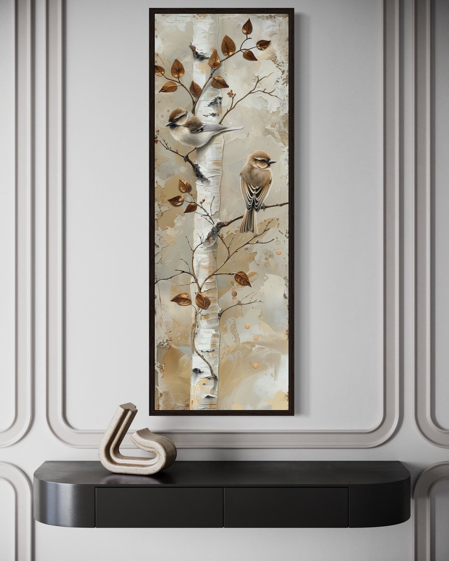 Birds on Birch Tree Long Narrow Vertical Wall Art