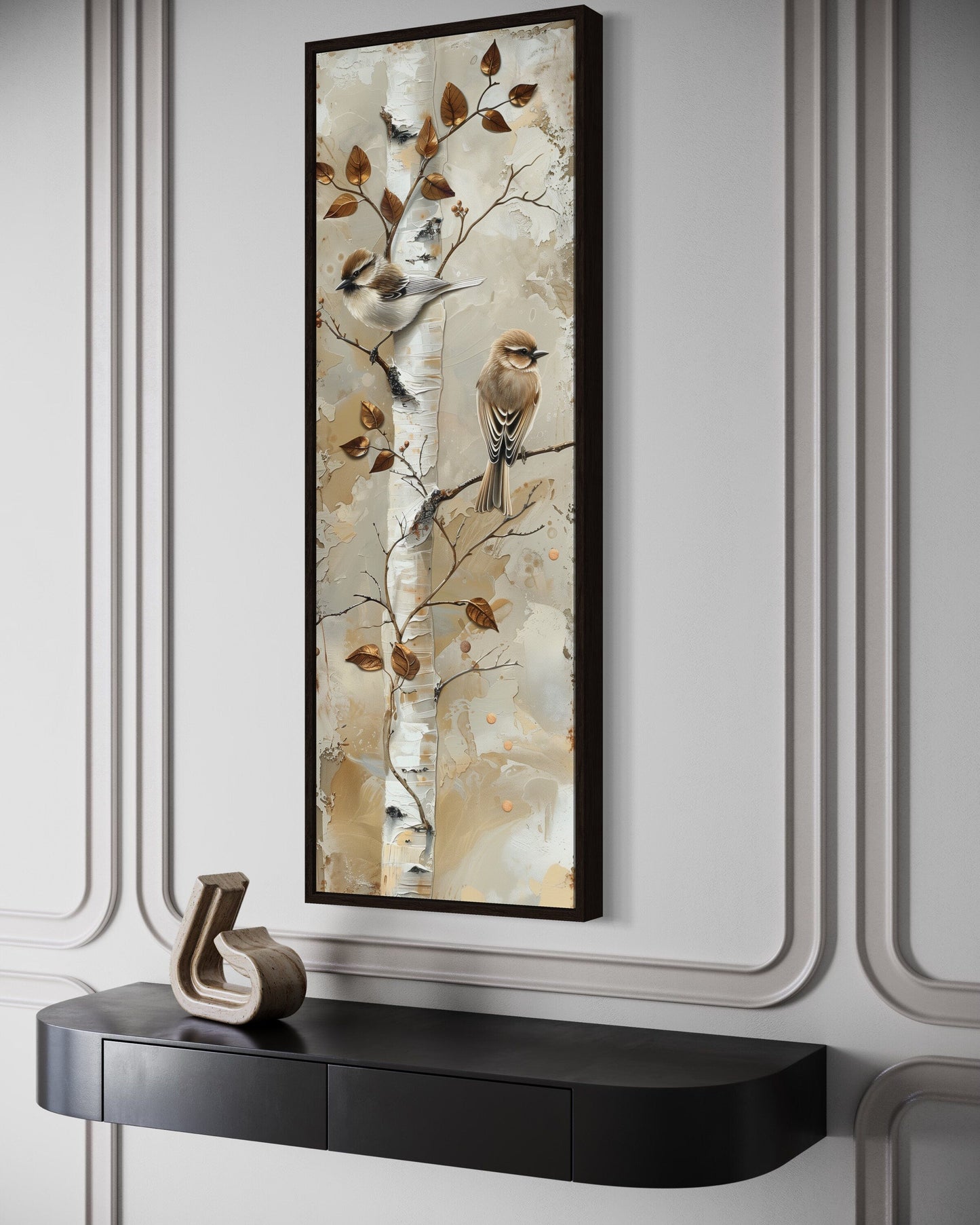 Birds on Birch Tree Long Narrow Vertical Wall Art