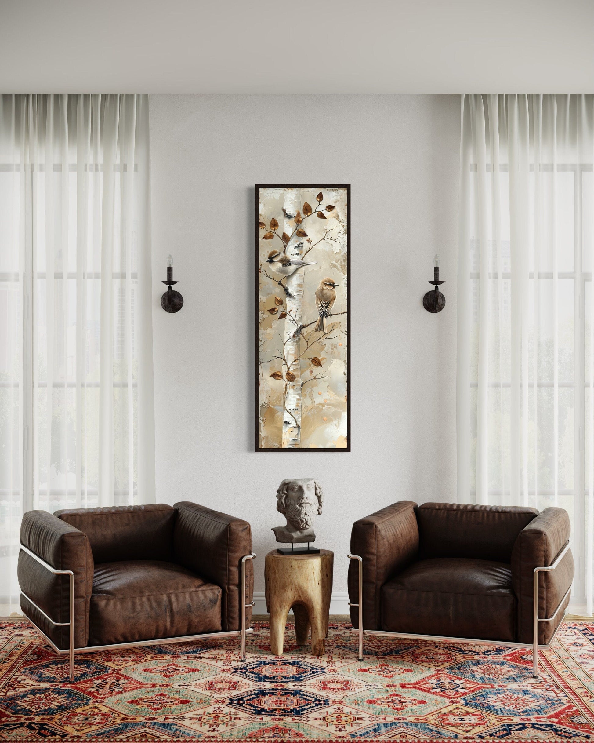 Birds on Birch Tree Long Narrow Vertical Wall Art