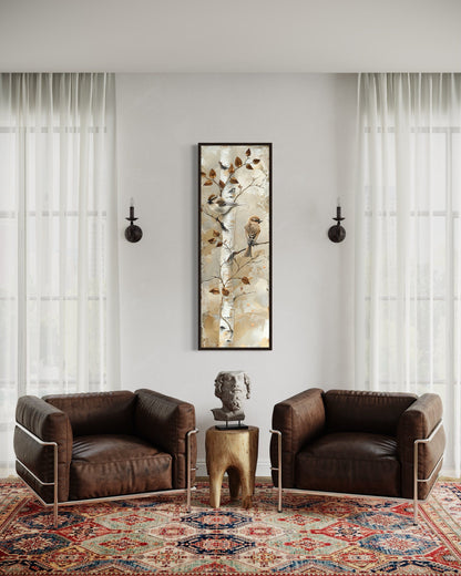 Birds on Birch Tree Long Narrow Vertical Wall Art
