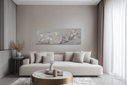 Birds on Blossoming Branch Horizontal Framed Canvas Wall Art