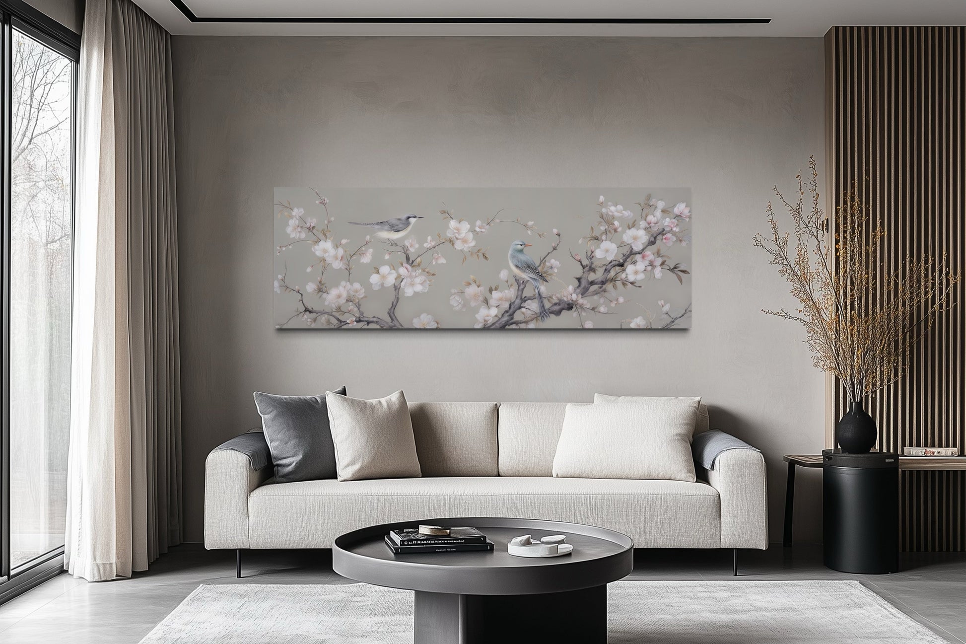 Birds on Blossoming Branch Horizontal Framed Canvas Wall Art