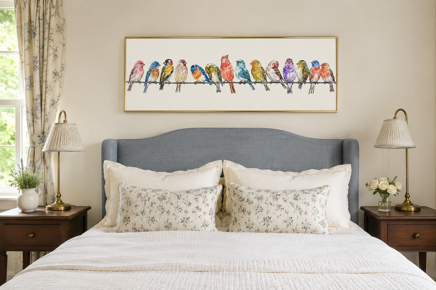 Birds On A Wire Long Horizontal Framed Canvas Wall Art