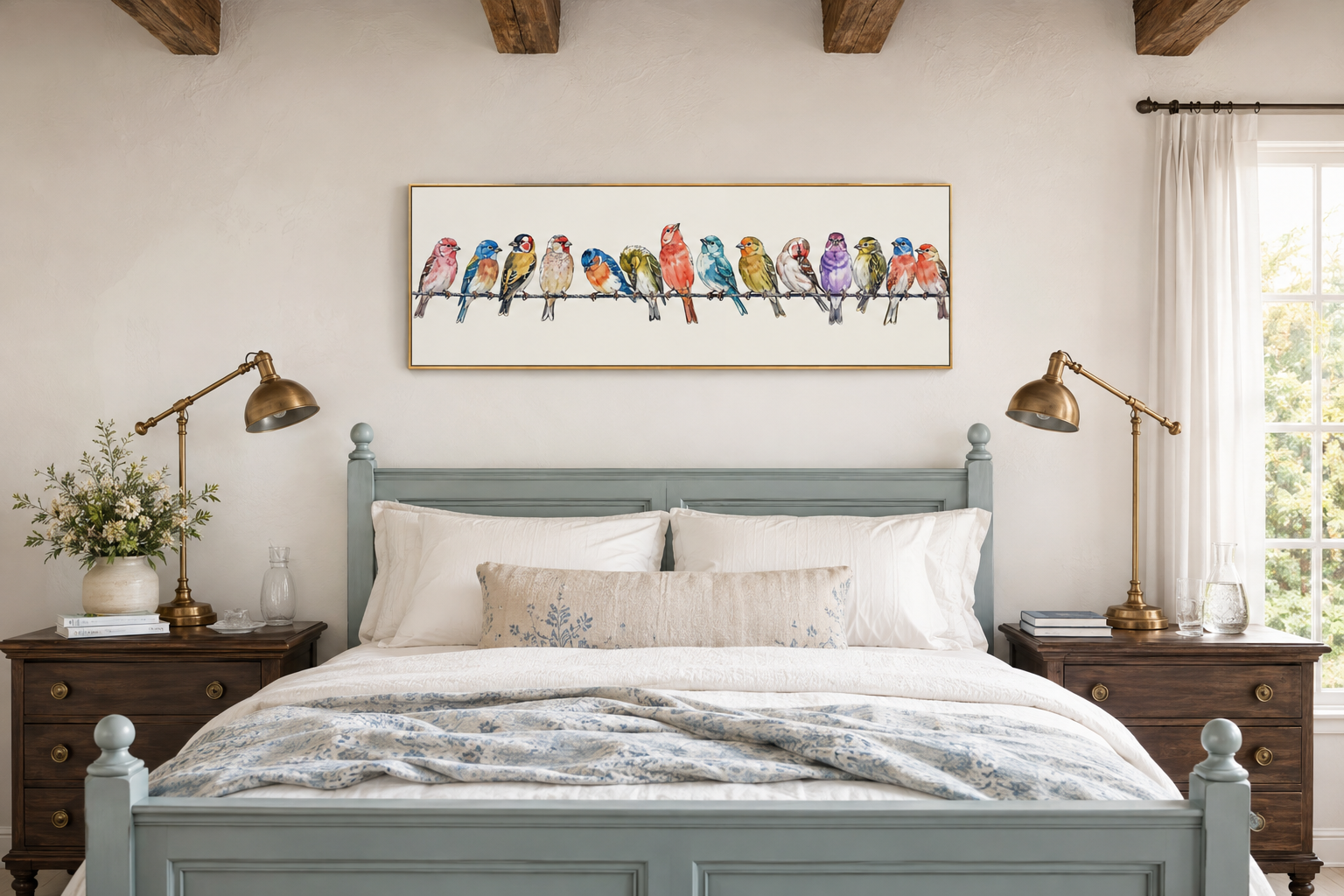 Birds On A Wire Long Horizontal Framed Canvas Wall Art