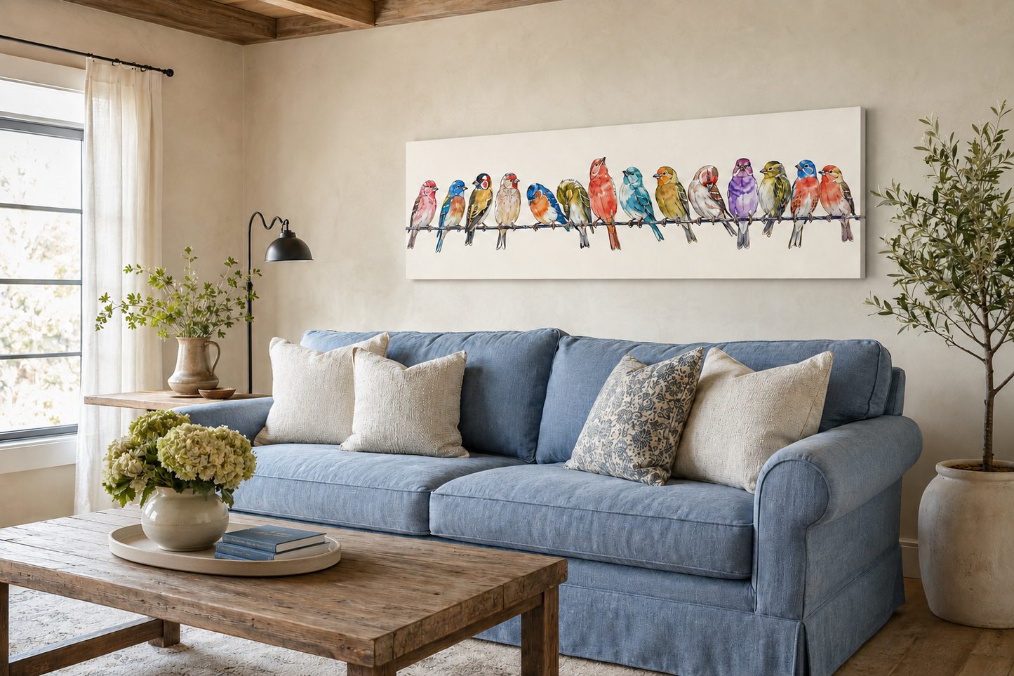 Birds On A Wire Long Horizontal Framed Canvas Wall Art