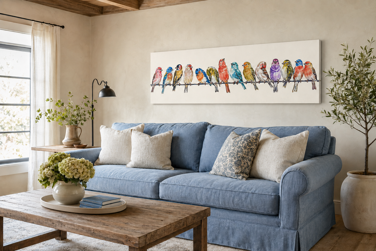 Birds On A Wire Long Horizontal Framed Canvas Wall Art