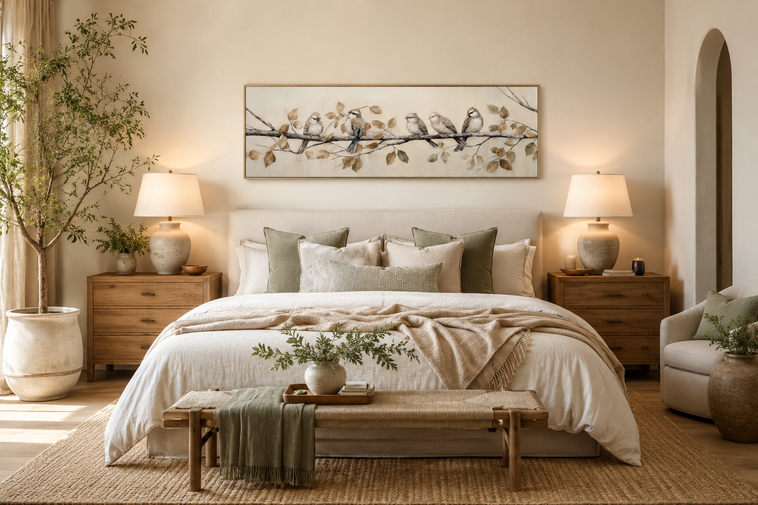 Birds Perched on Branch Painting On Distressed Wood Framed Canvas Wall Art