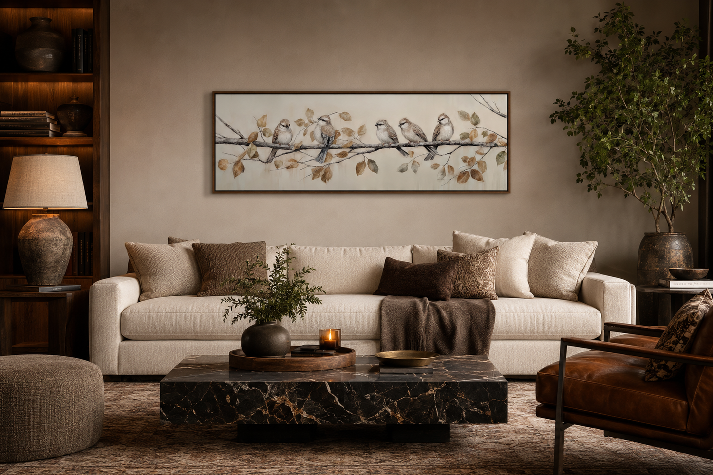 Birds Perched on Branch Painting On Distressed Wood Framed Canvas Wall Art