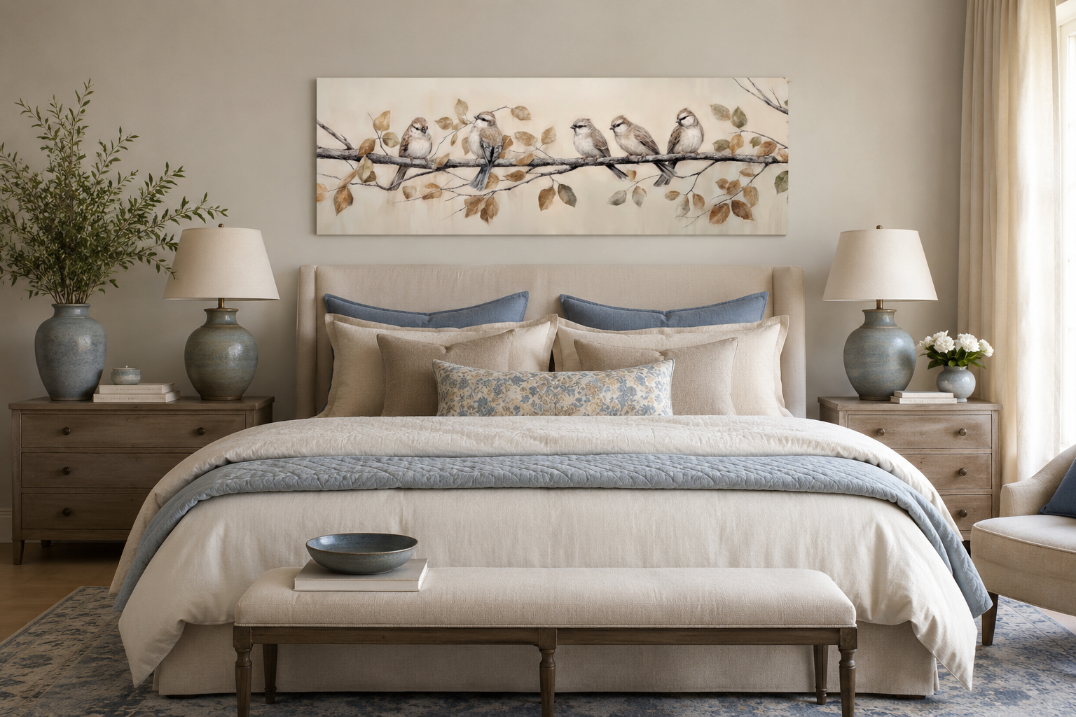 Birds Perched on Branch Painting On Distressed Wood Framed Canvas Wall Art