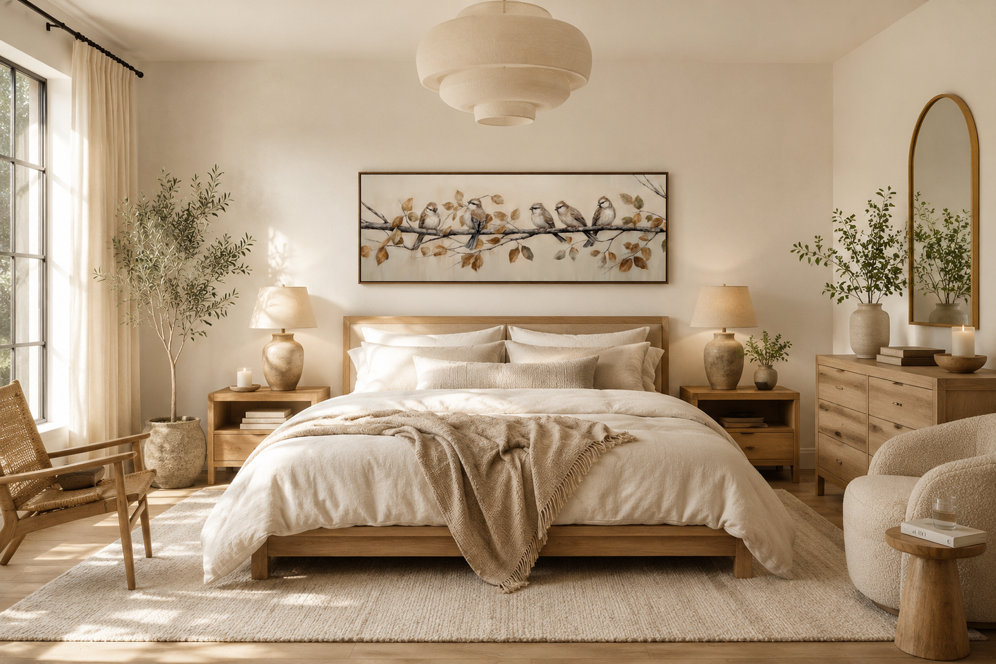 Birds Perched on Branch Painting On Distressed Wood Framed Canvas Wall Art