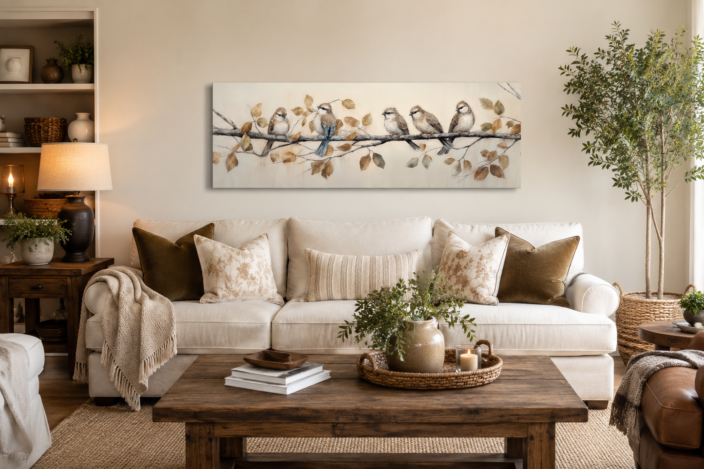 Birds Perched on Branch Painting On Distressed Wood Framed Canvas Wall Art