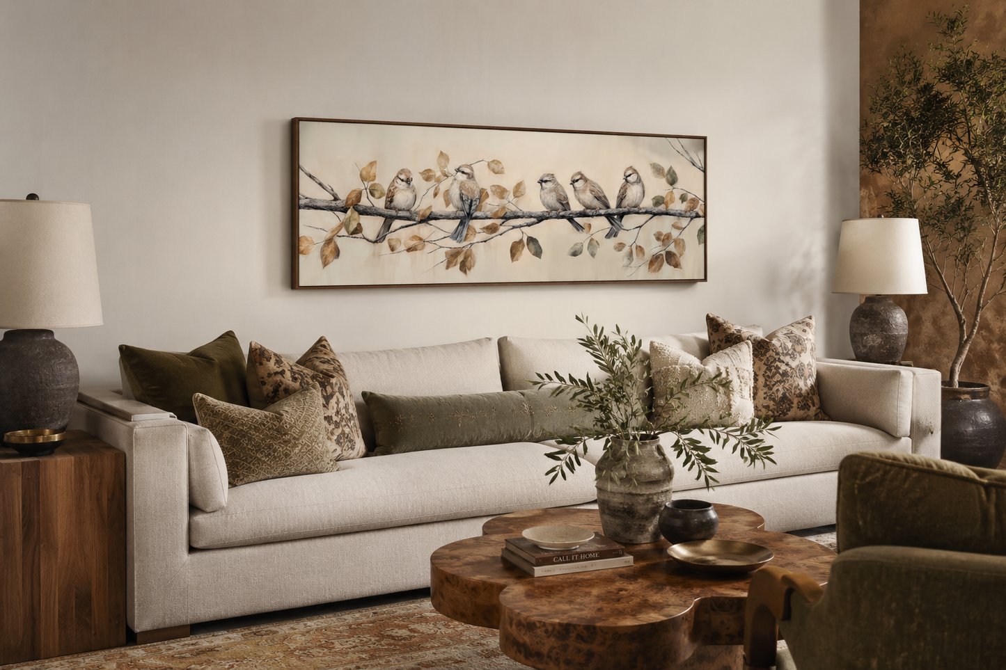 Birds Perched on Branch Painting On Distressed Wood Framed Canvas Wall Art