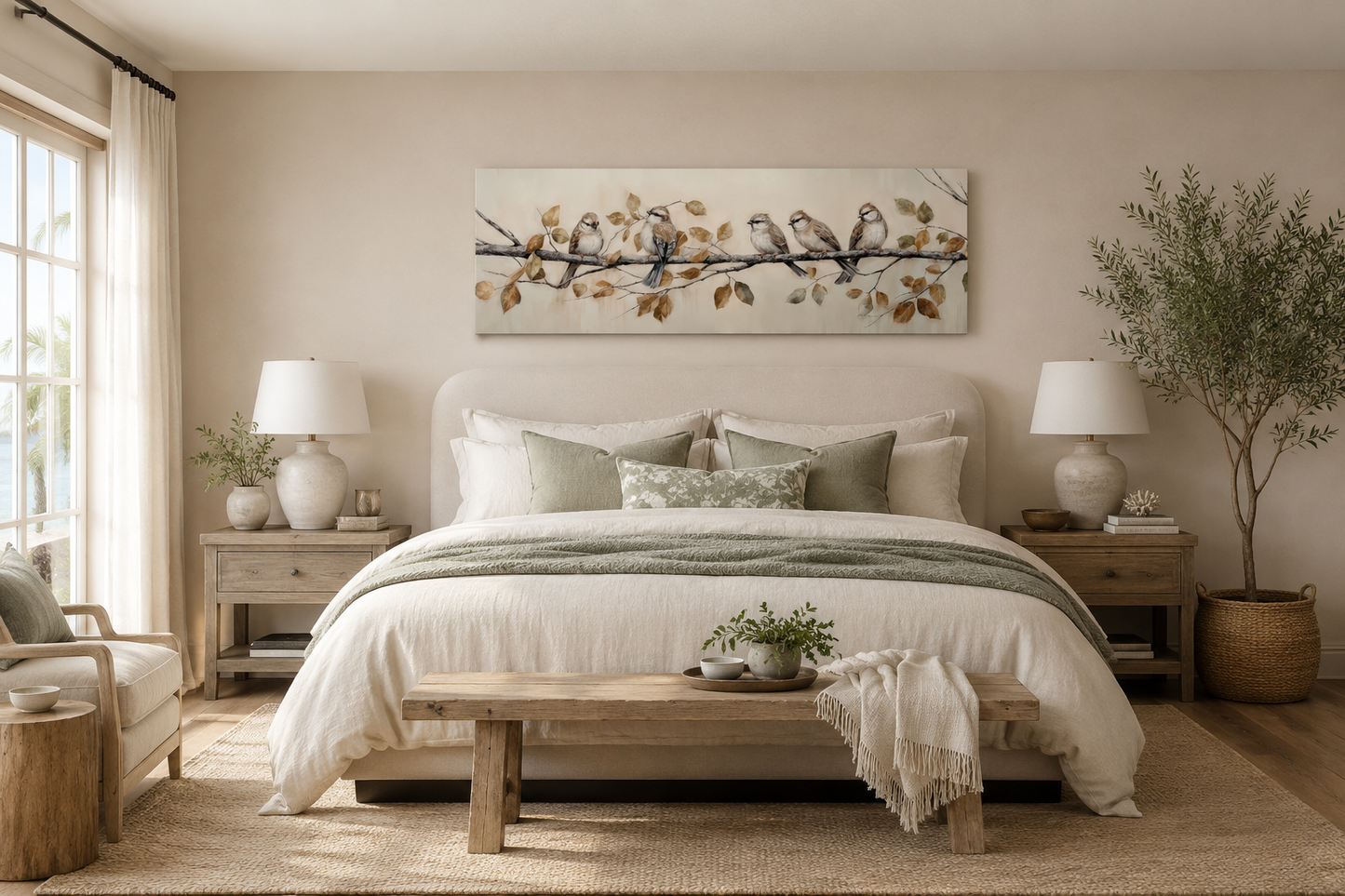 Birds Perched on Branch Painting On Distressed Wood Framed Canvas Wall Art