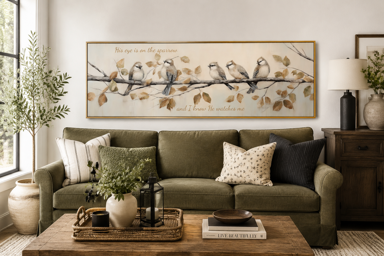 His Eye Is On The Sparrow Birds Scripture Framed Canvas Wall Art