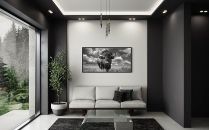 Bison Wall Art – Black and White Framed Canvas Print | Rustic Wildlife Decor