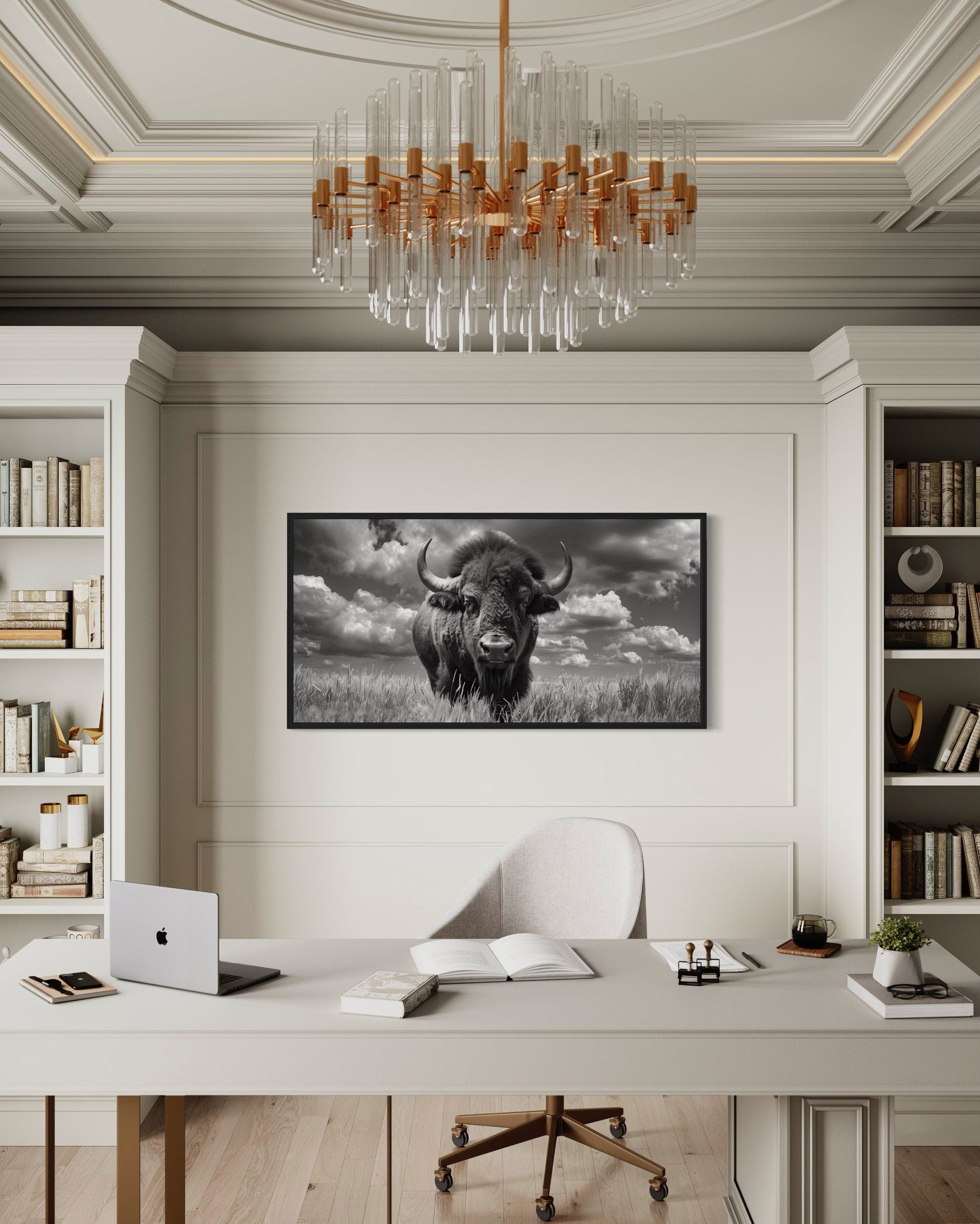 Bison Wall Art – Black and White Framed Canvas Print | Rustic Wildlife Decor
