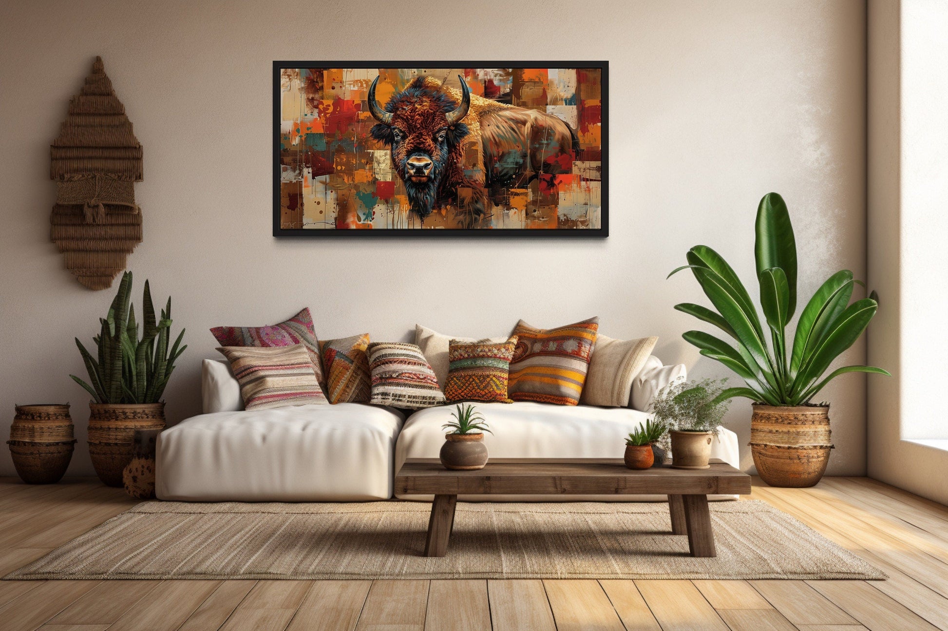 Amercan Bison Wall Art - Colorful Southwestern Canvas Print | Rustic Home Decor