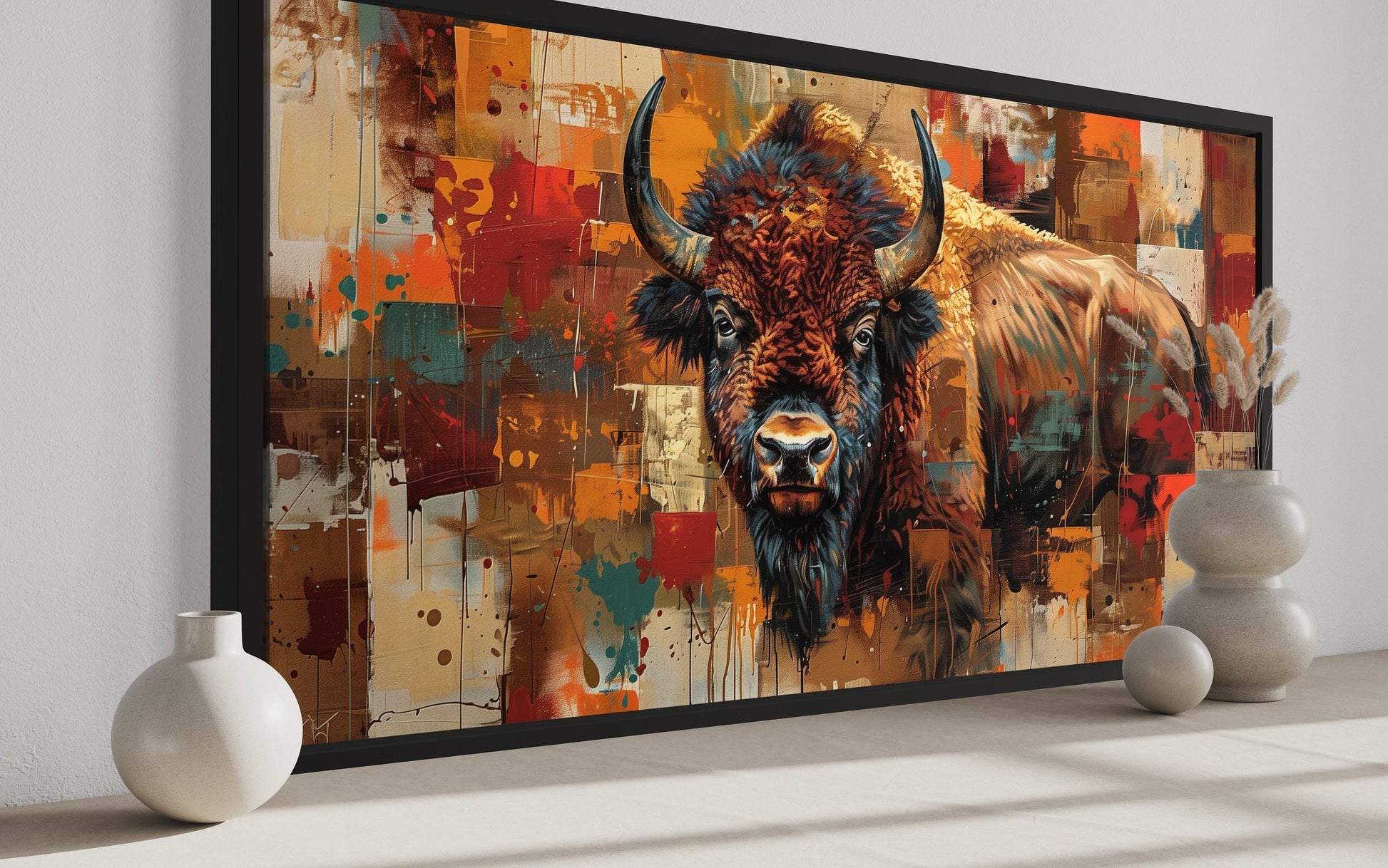 Amercan Bison Wall Art - Colorful Southwestern Canvas Print | Rustic Home Decor