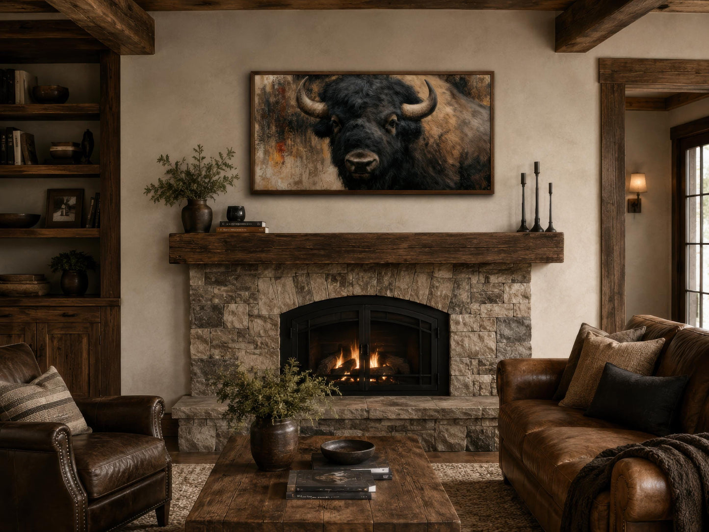 Bison Wall Art | Large American Bison Painting - Rustic Man Cave Decor Canvas Print