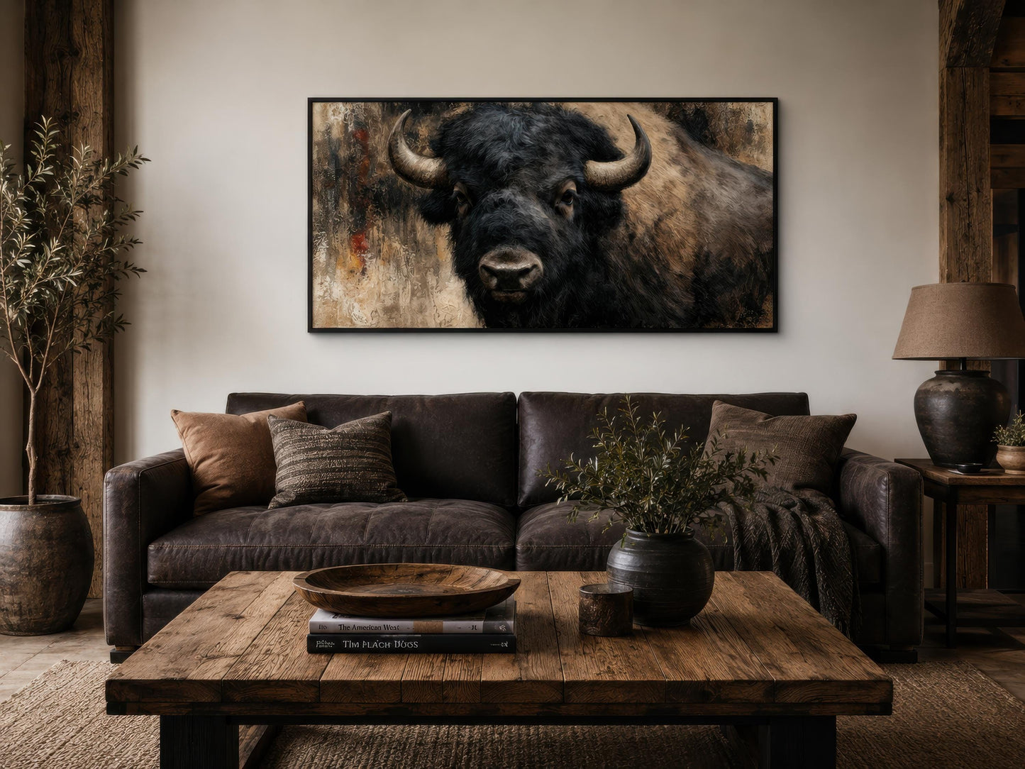 Bison Wall Art | Large American Bison Painting - Rustic Man Cave Decor Canvas Print