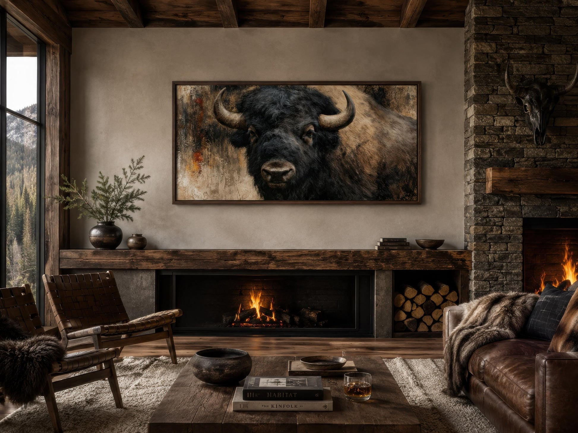 Bison Wall Art | Large American Bison Painting - Rustic Man Cave Decor Canvas Print