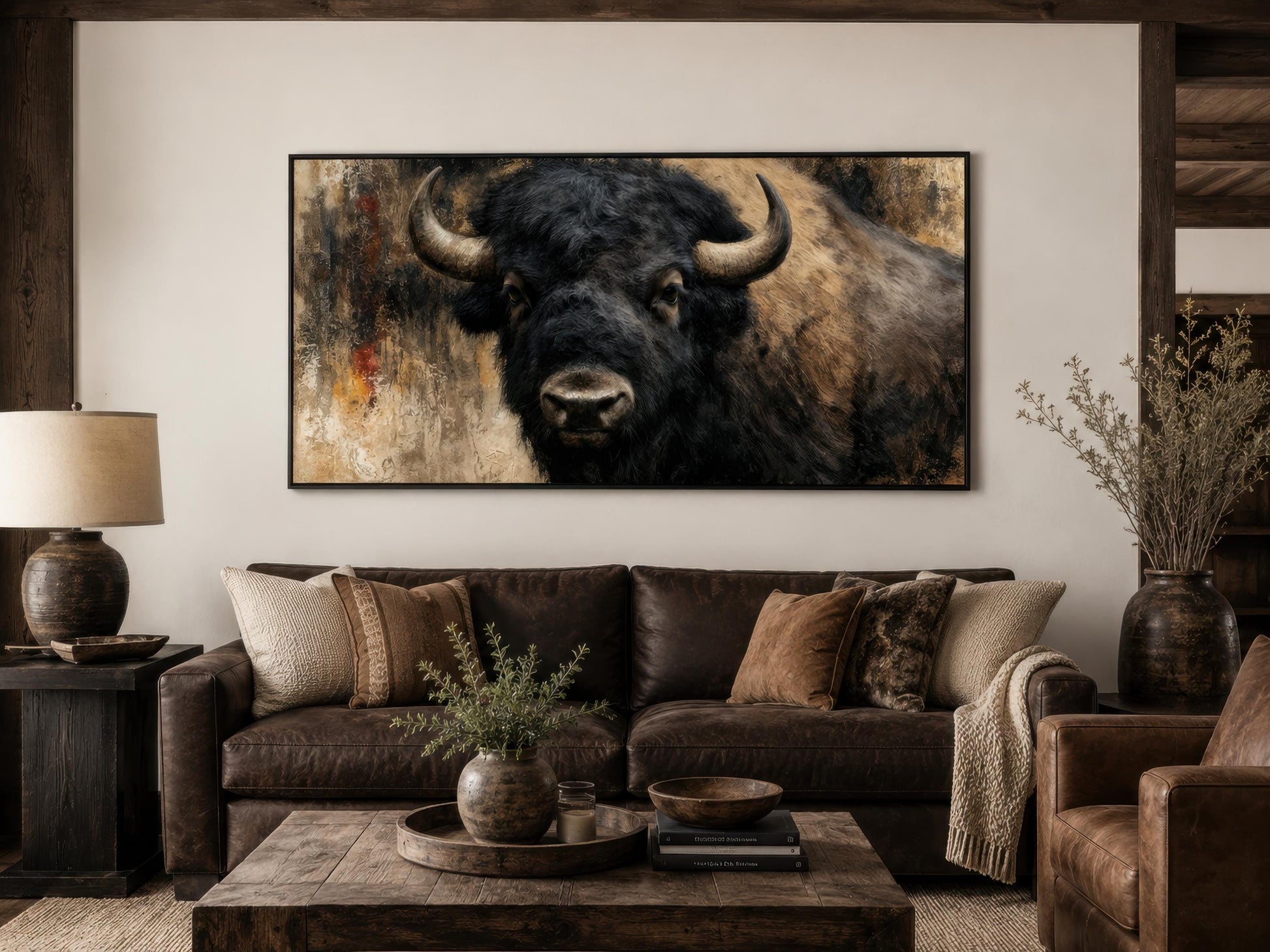 Bison Wall Art | Large American Bison Painting - Rustic Man Cave Decor Canvas Print