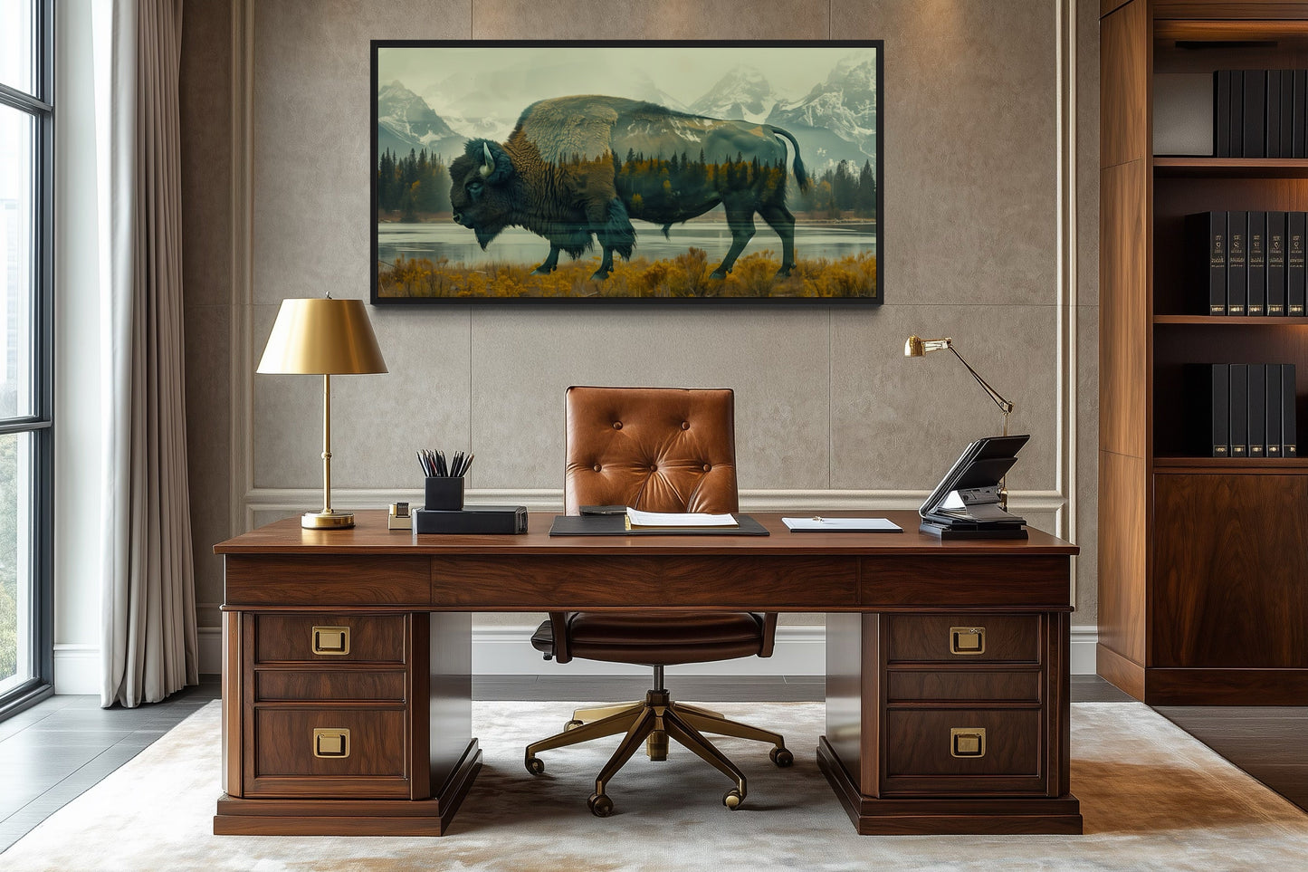 Bison In Yellowstone Double Exposure Canvas Wall Art Rustic Wildlife Decor For Cabin
