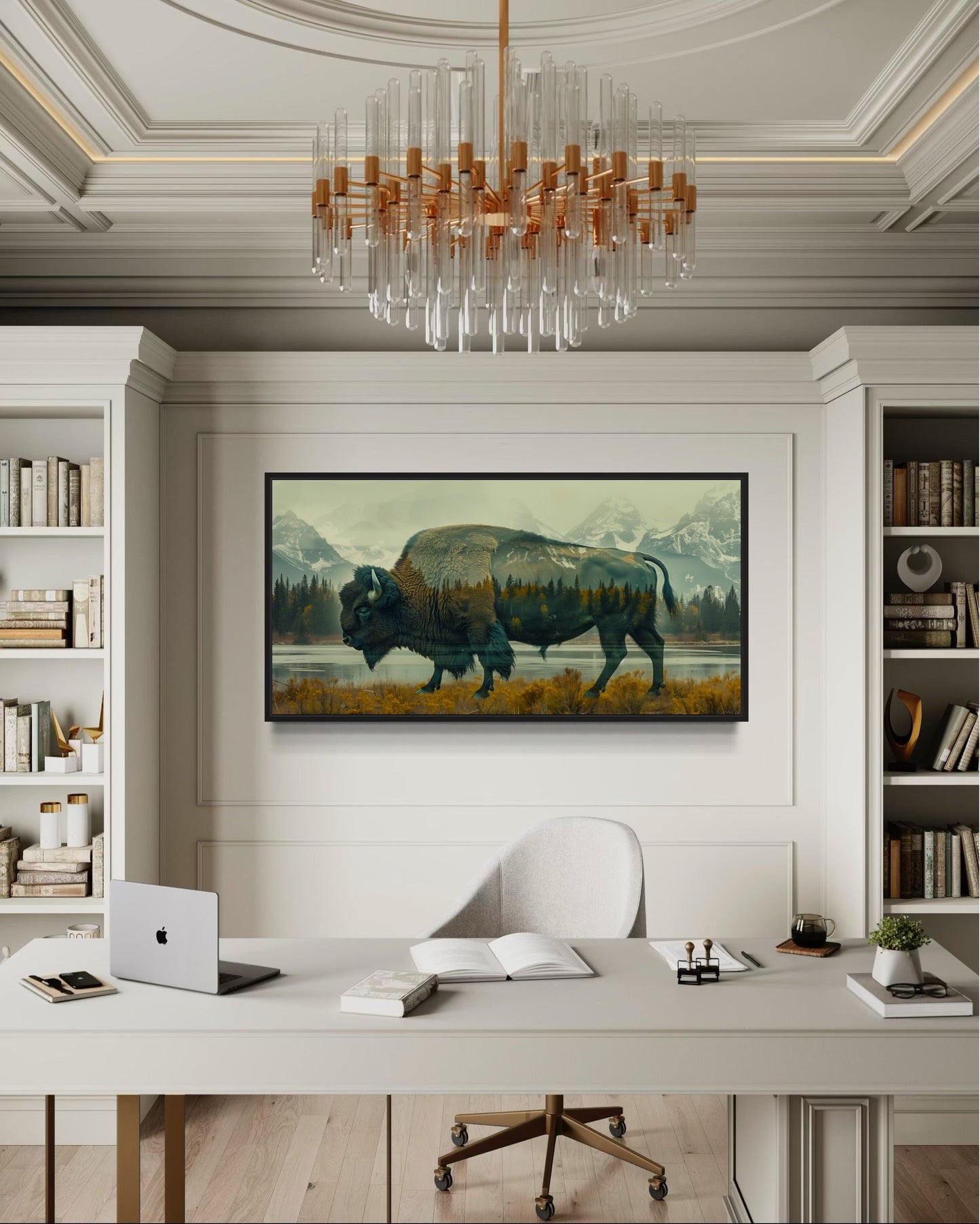 Bison In Yellowstone Double Exposure Canvas Wall Art Rustic Wildlife Decor For Cabin