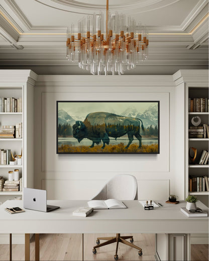 Bison In Yellowstone Double Exposure Canvas Wall Art Rustic Wildlife Decor For Cabin