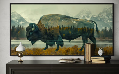 Bison In Yellowstone Double Exposure Canvas Wall Art Rustic Wildlife Decor For Cabin