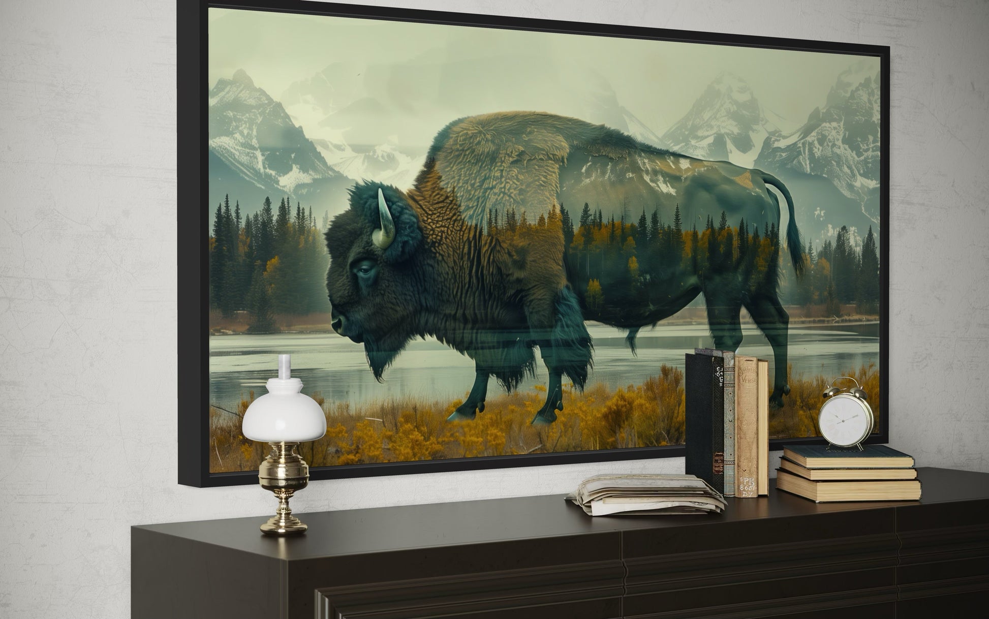 Bison In Yellowstone Double Exposure Canvas Wall Art Rustic Wildlife Decor For Cabin