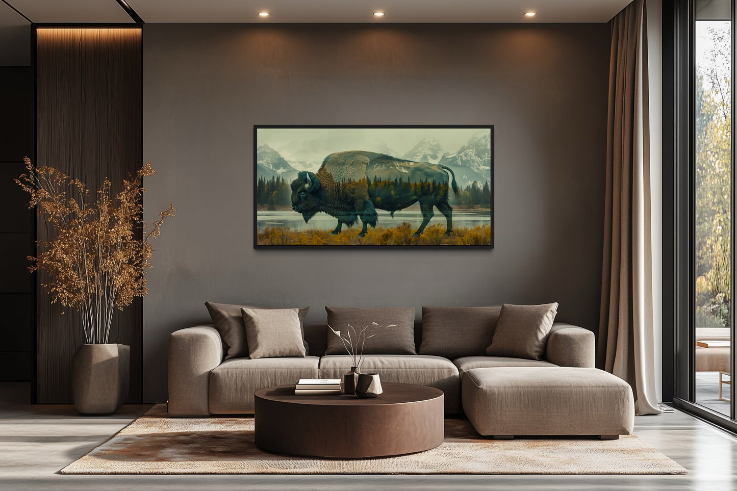 Bison In Yellowstone Double Exposure Canvas Wall Art Rustic Wildlife Decor For Cabin