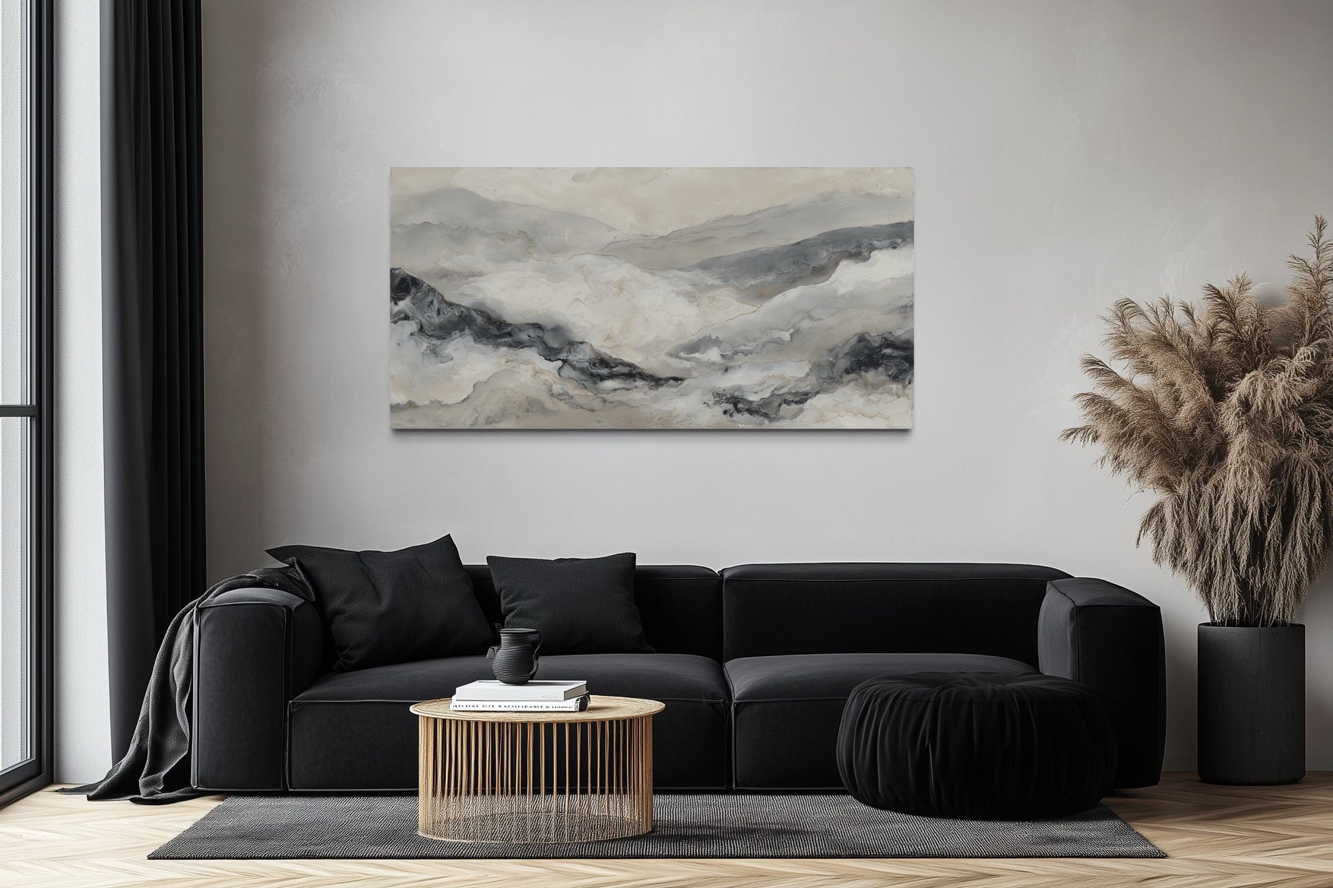 Black And White Abstract Marble Mountains Framed Canvas Wall Art