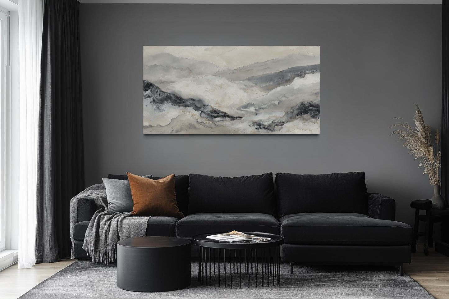 Black And White Abstract Marble Mountains Framed Canvas Wall Art