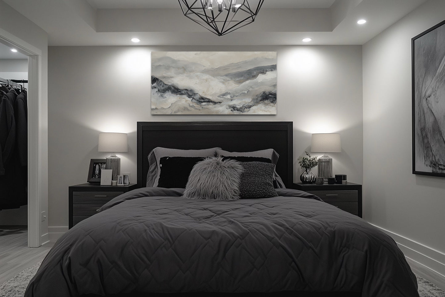 Black And White Abstract Marble Mountains Framed Canvas Wall Art