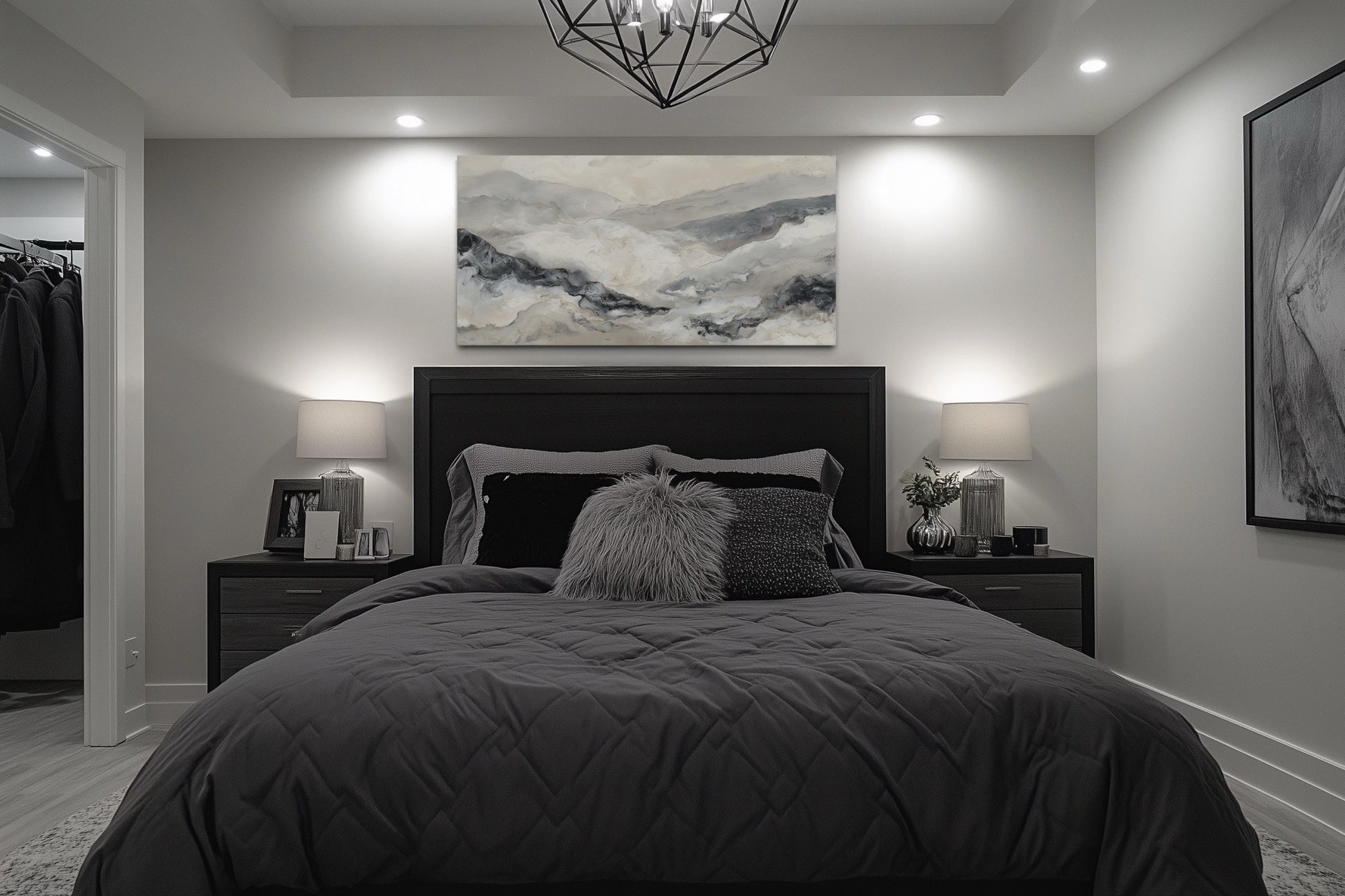 Black And White Abstract Marble Mountains Framed Canvas Wall Art