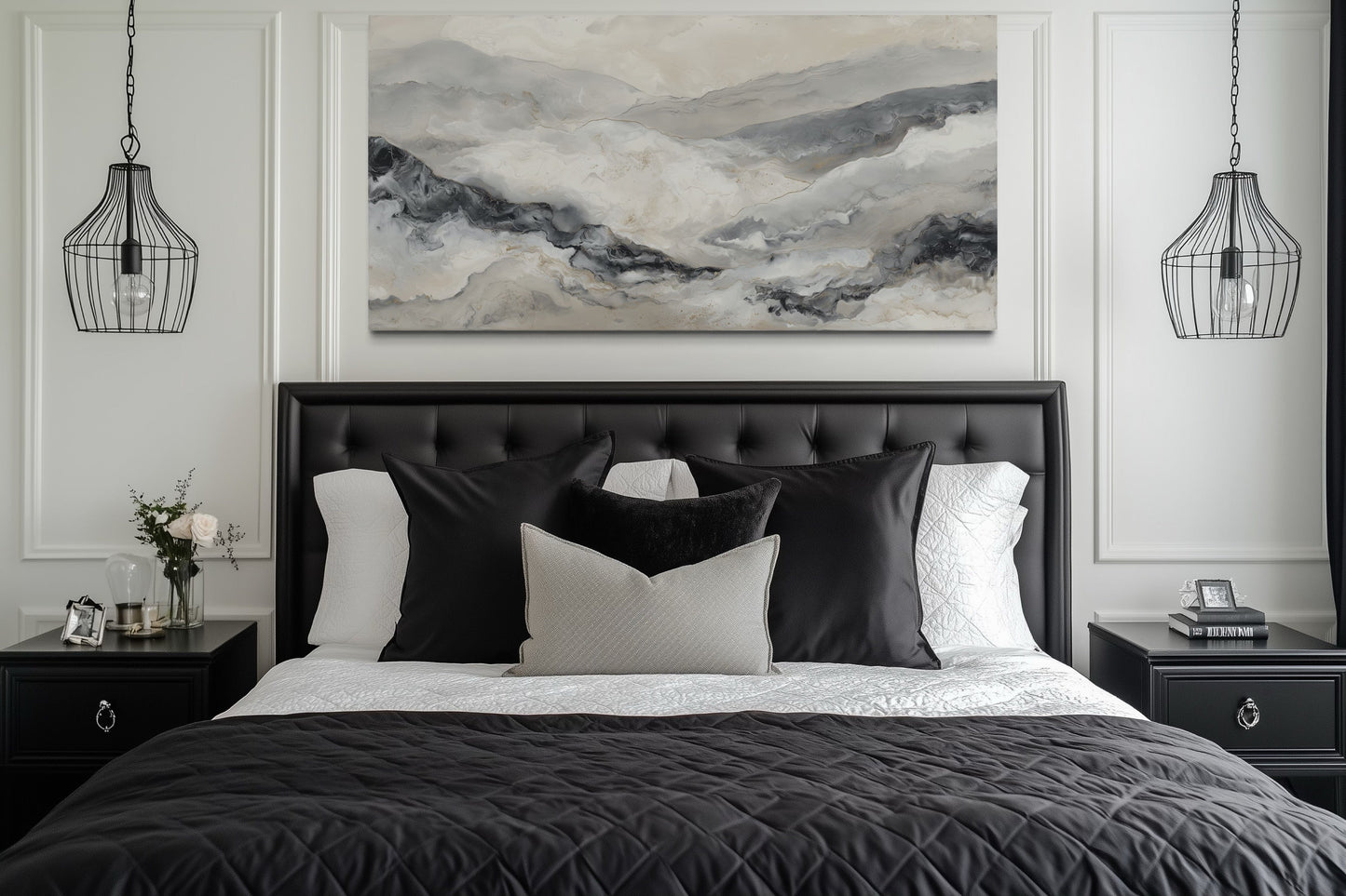 Black And White Abstract Marble Mountains Framed Canvas Wall Art