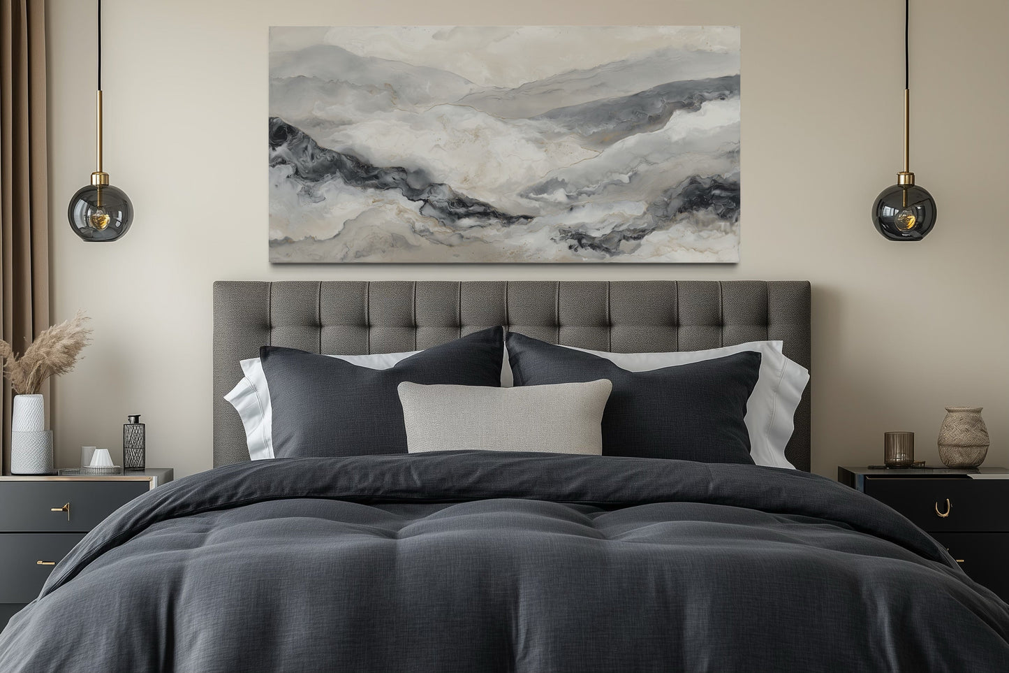 Black And White Abstract Marble Mountains Framed Canvas Wall Art