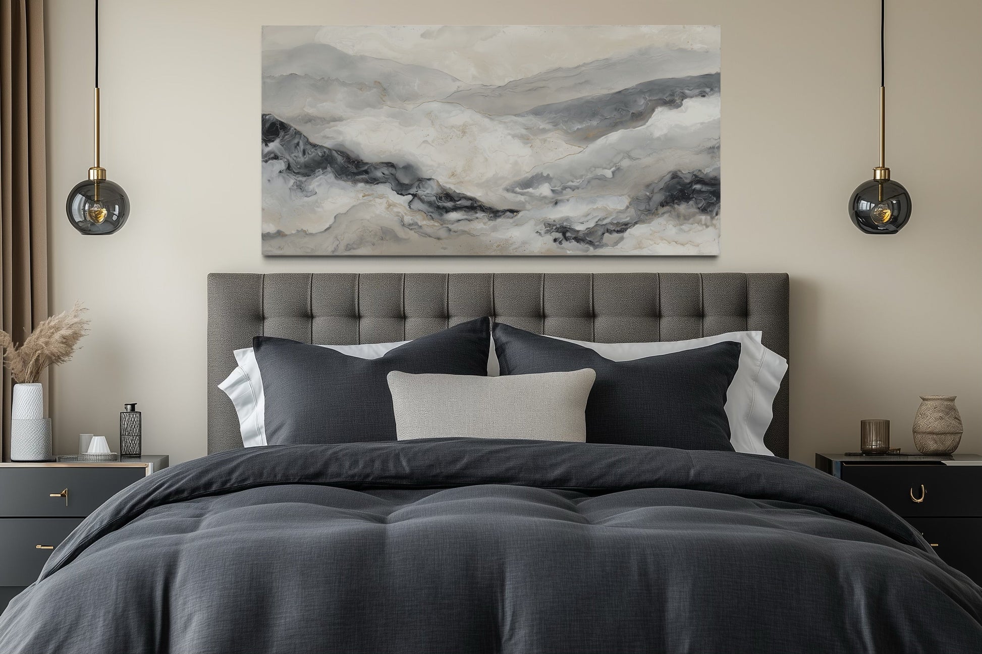 Black And White Abstract Marble Mountains Framed Canvas Wall Art