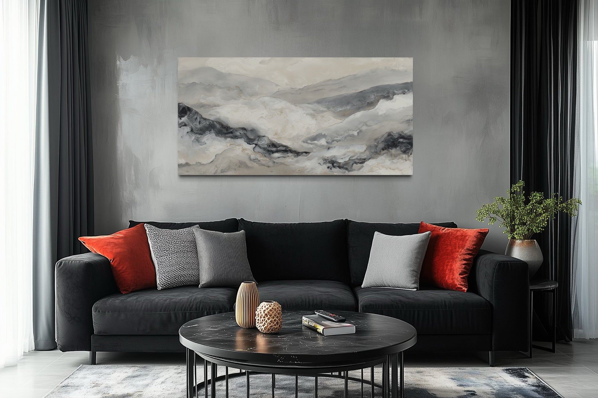 Black And White Abstract Marble Mountains Framed Canvas Wall Art