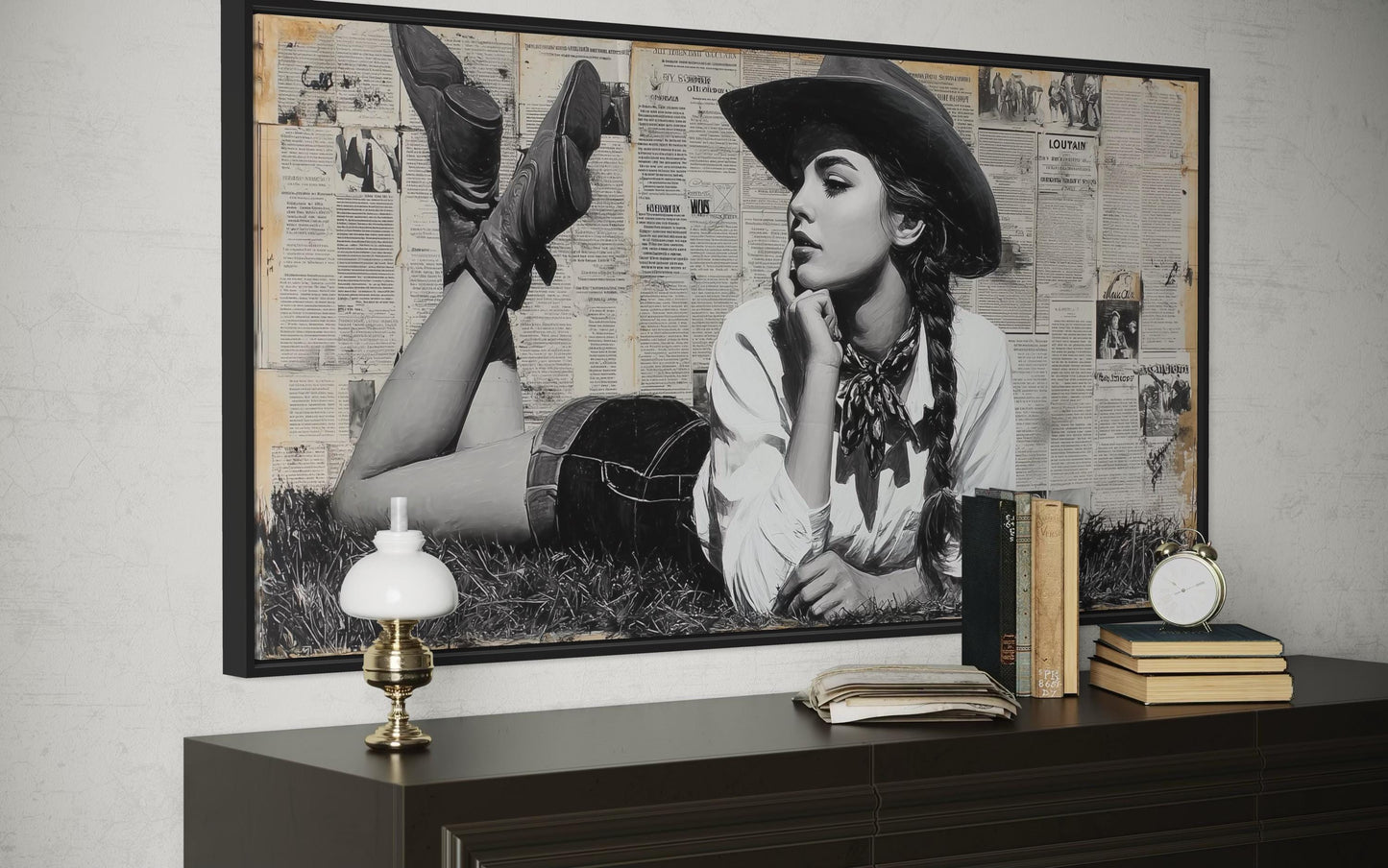 Black And White Western Cowgirl On Newspaper Collage Wall Art