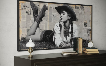 Black And White Western Cowgirl On Newspaper Collage Wall Art