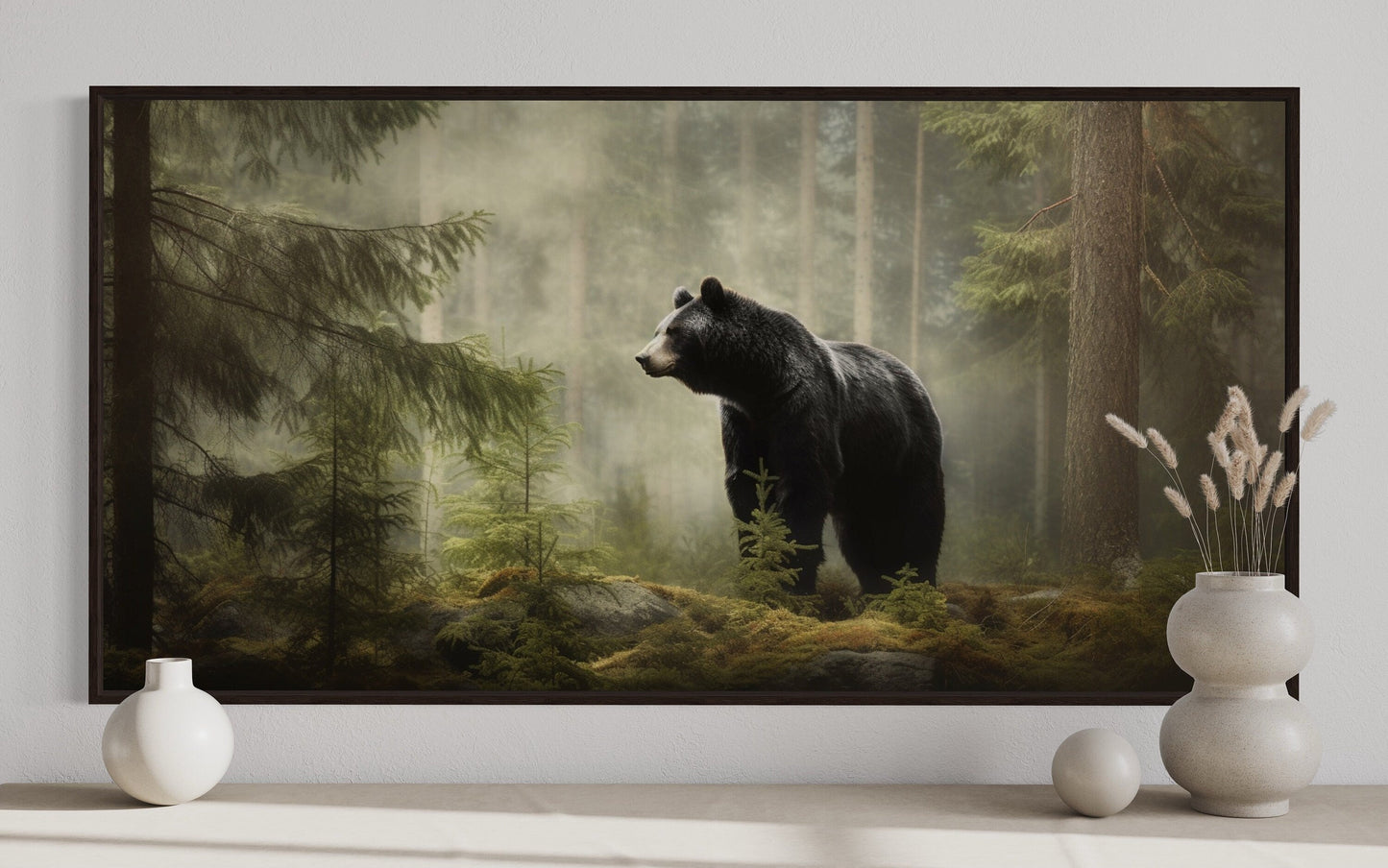 Black Bear Wall Art – Framed Pine Tree Canvas | Rustic Cabin Decor Print