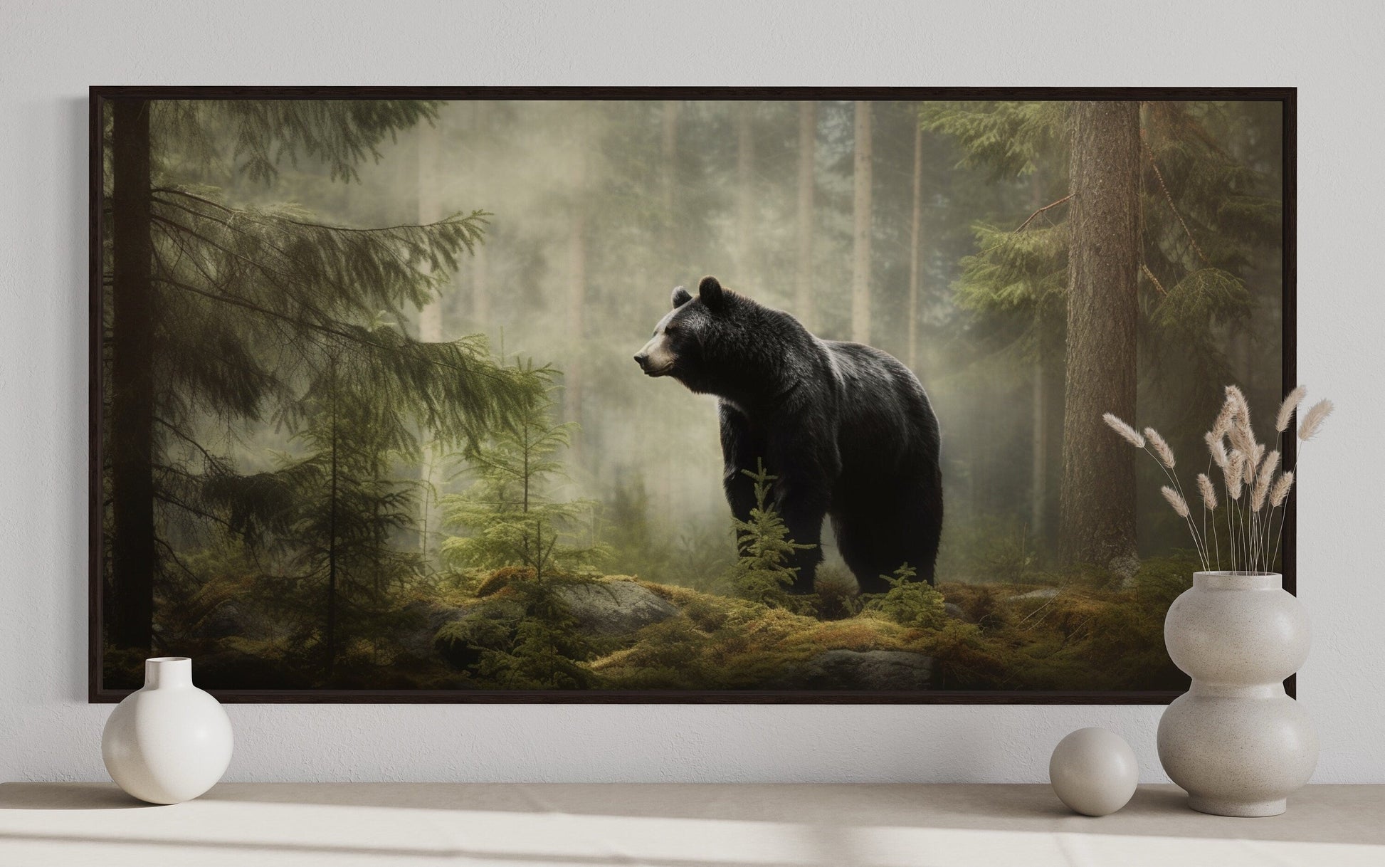 Black Bear Wall Art – Framed Pine Tree Canvas | Rustic Cabin Decor Print