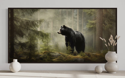 Black Bear Wall Art – Framed Pine Tree Canvas | Rustic Cabin Decor Print