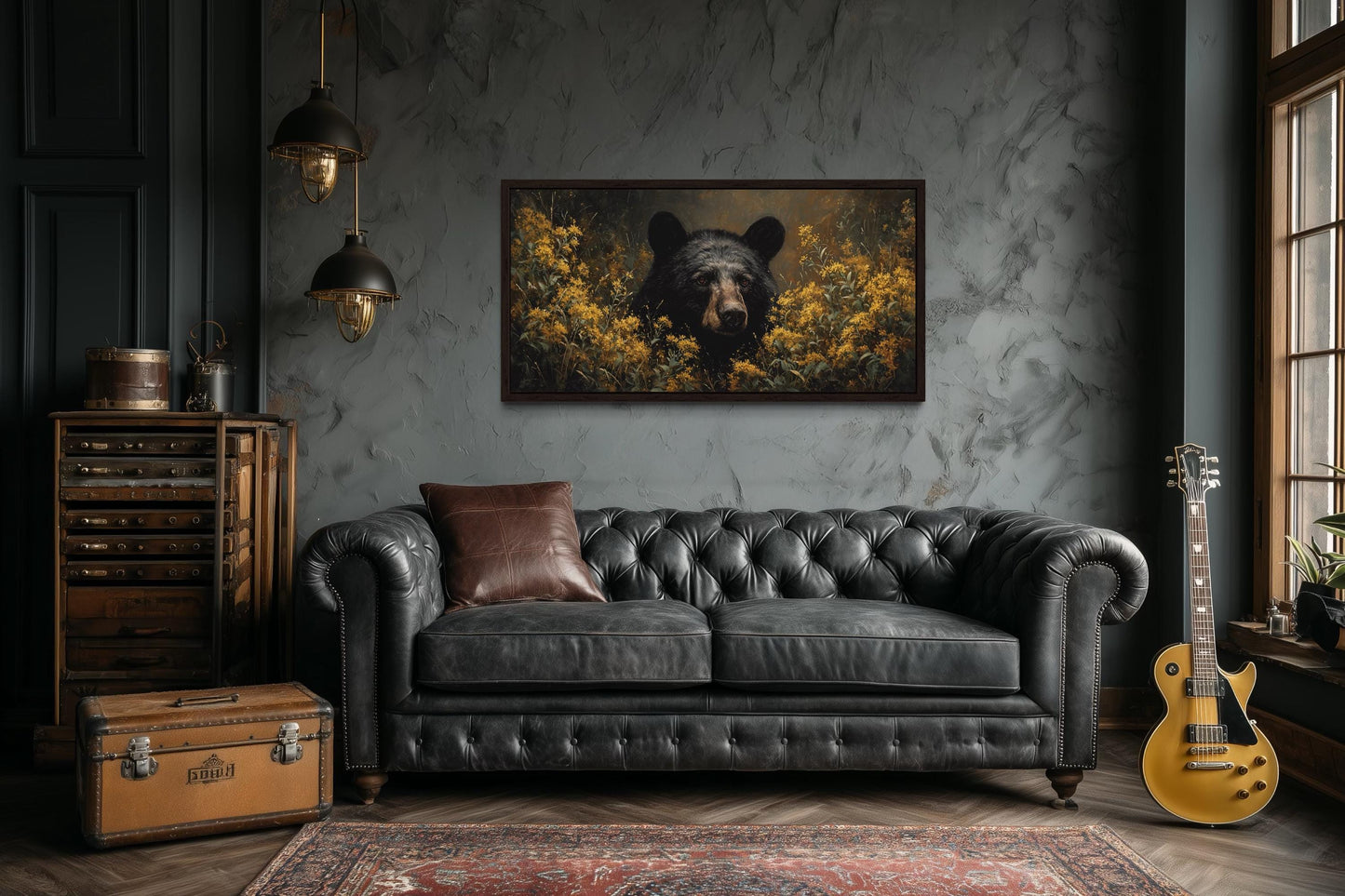 Black Bear in Yellow Wildflowers Canvas Wall Art For Cabin Decor