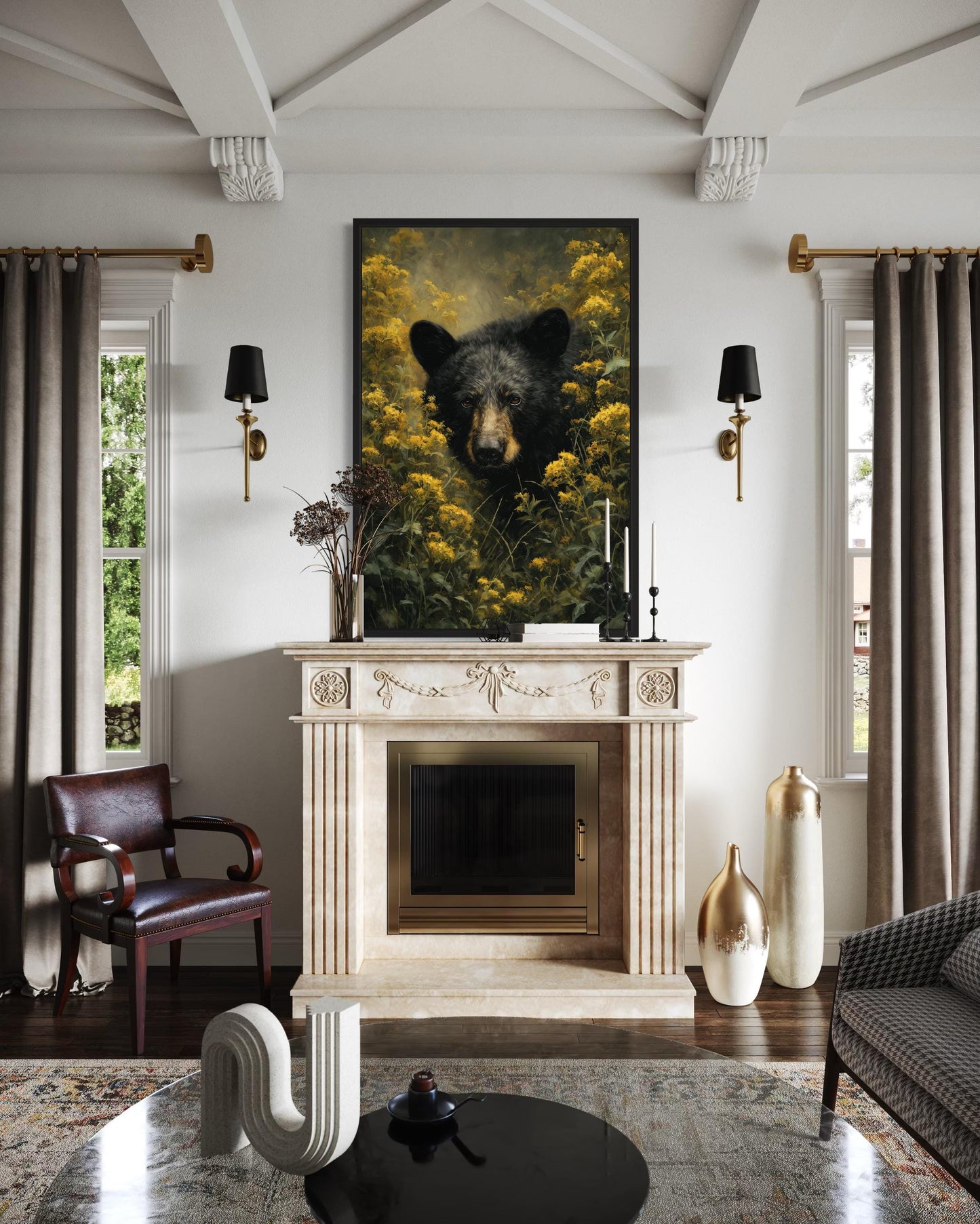 Black Bear in Yellow Wildflowers Canvas Wall Art